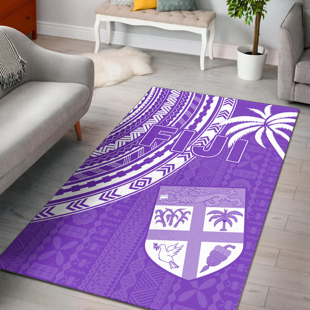 Purple Polynesian tapa rugby sevens area rug with geometric bands and crest motifs