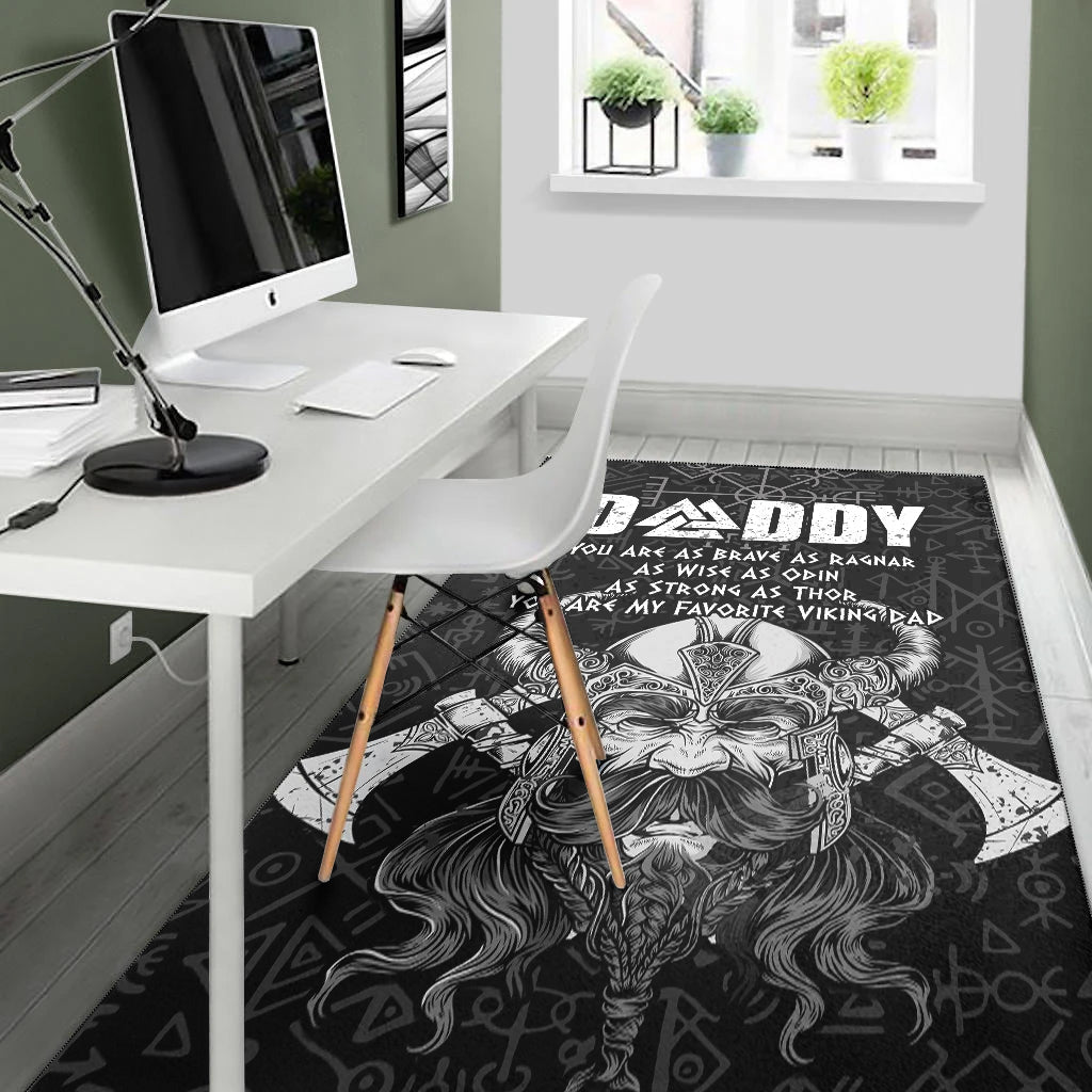 Black Viking Dad area rug with white Odin face, rune symbols, and DADDY lettering