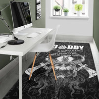 Black Viking Dad area rug with white Odin face, rune symbols, and DADDY lettering