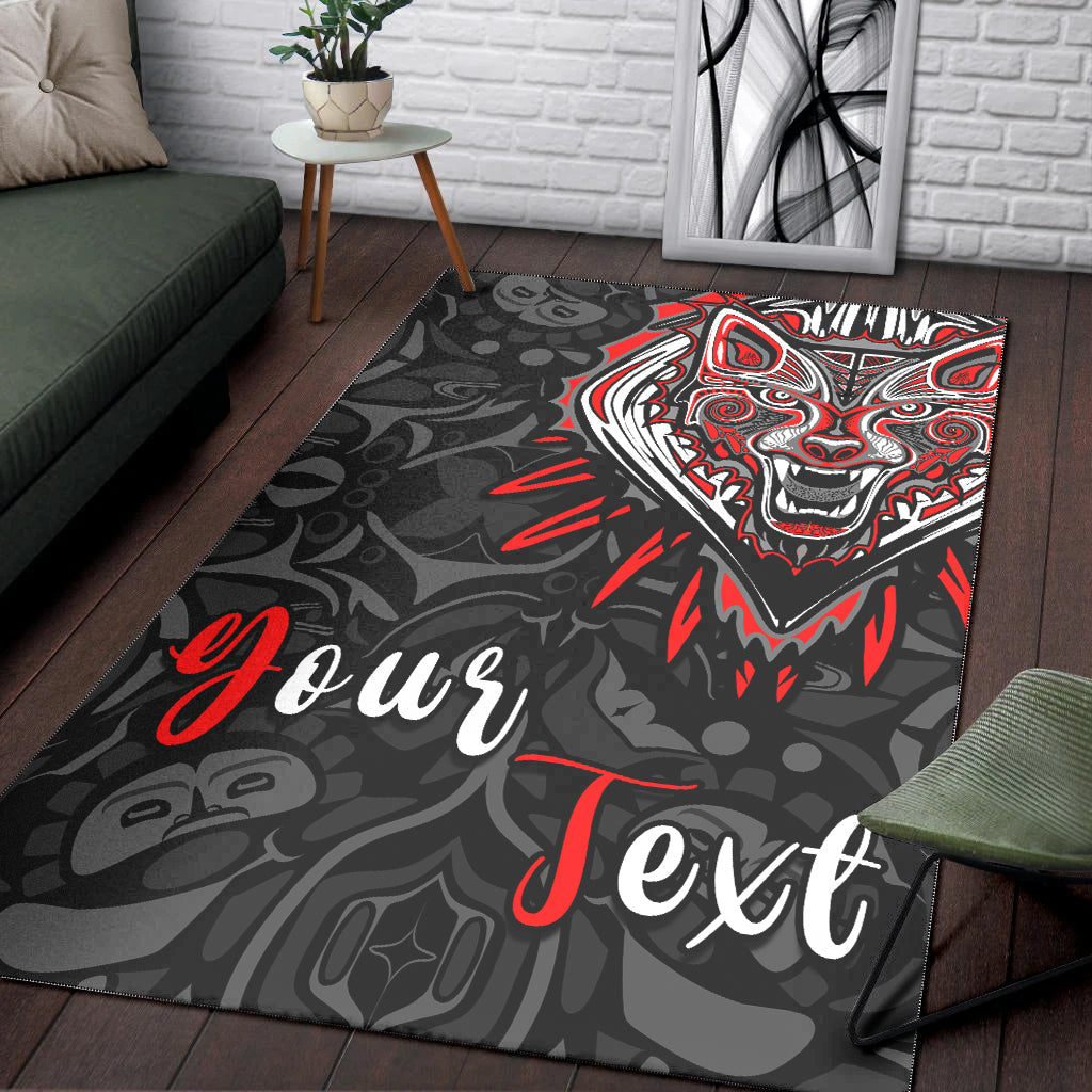 Black wolf-themed area rug featuring “Your Text” lettering in red and white