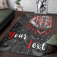Black wolf-themed area rug featuring “Your Text” lettering in red and white