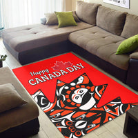 Red Canada Haida area rug with “Happy Canada Day” headline and bold totem design