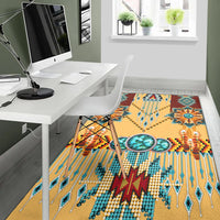 Cream area rug featuring turquoise round medallions and striped dreamcatcher motifs