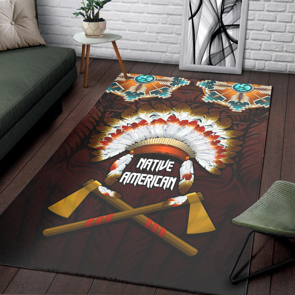 Native American headdress area rug with feathered crest and orange-brown leaf pattern