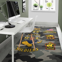 Camouflage Buffalo Soldiers area rug with emblems and “66 44” patch details