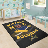 Black area rug with 'BUFFALO' headline and 'SOLDIERS' lettering, blue uniform art