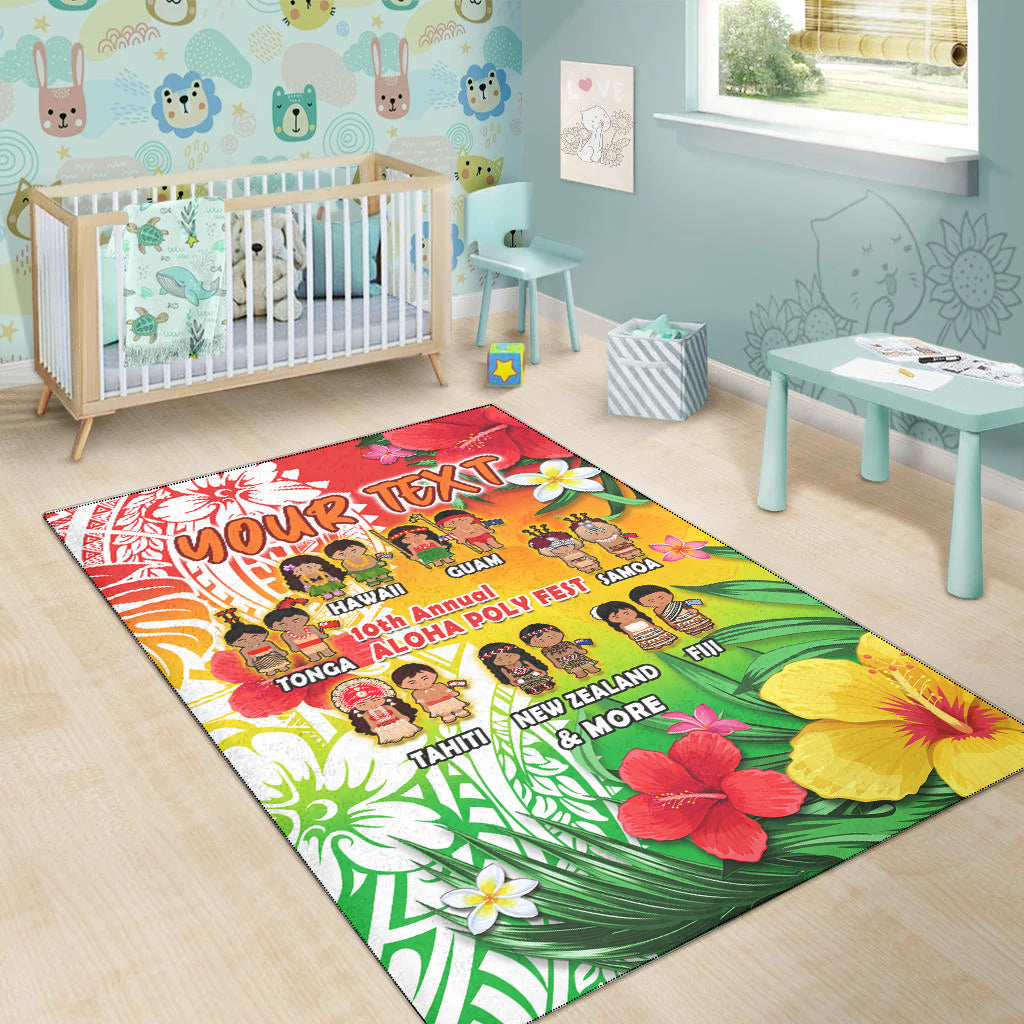 Tropical hibiscus and leaf area rug with 'YOUR TEXT' and island lettering
