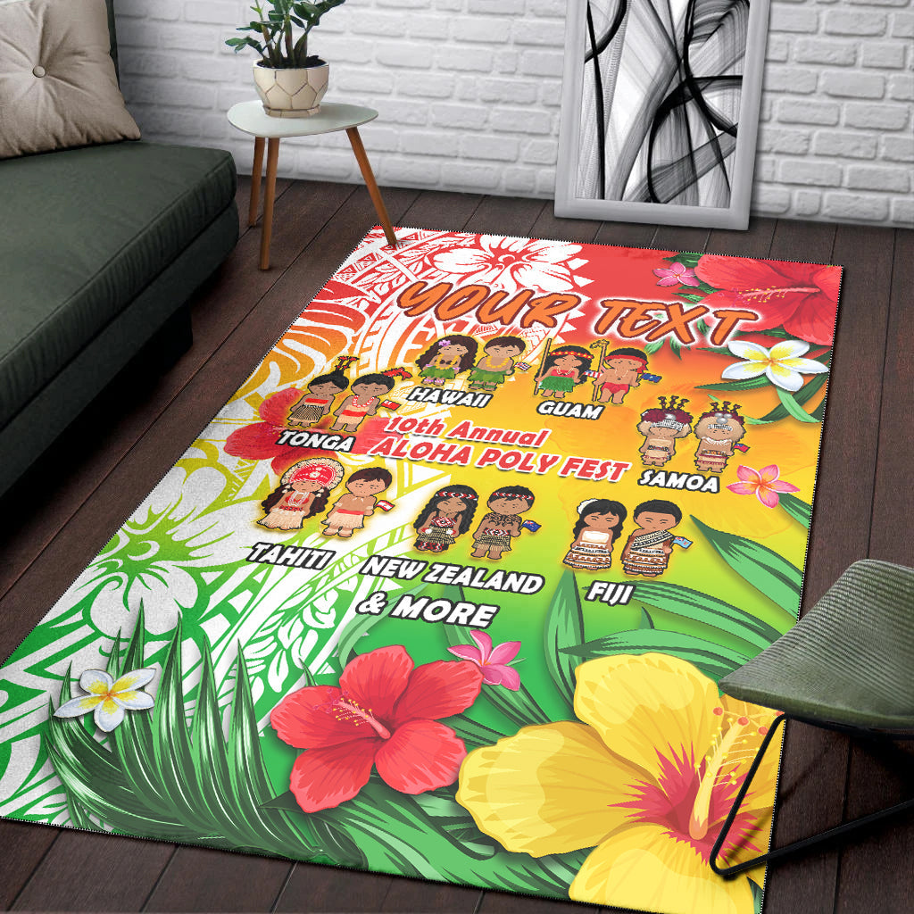 Tropical Polynesian area rug with flowers and custom 'YOUR TEXT' in red at center