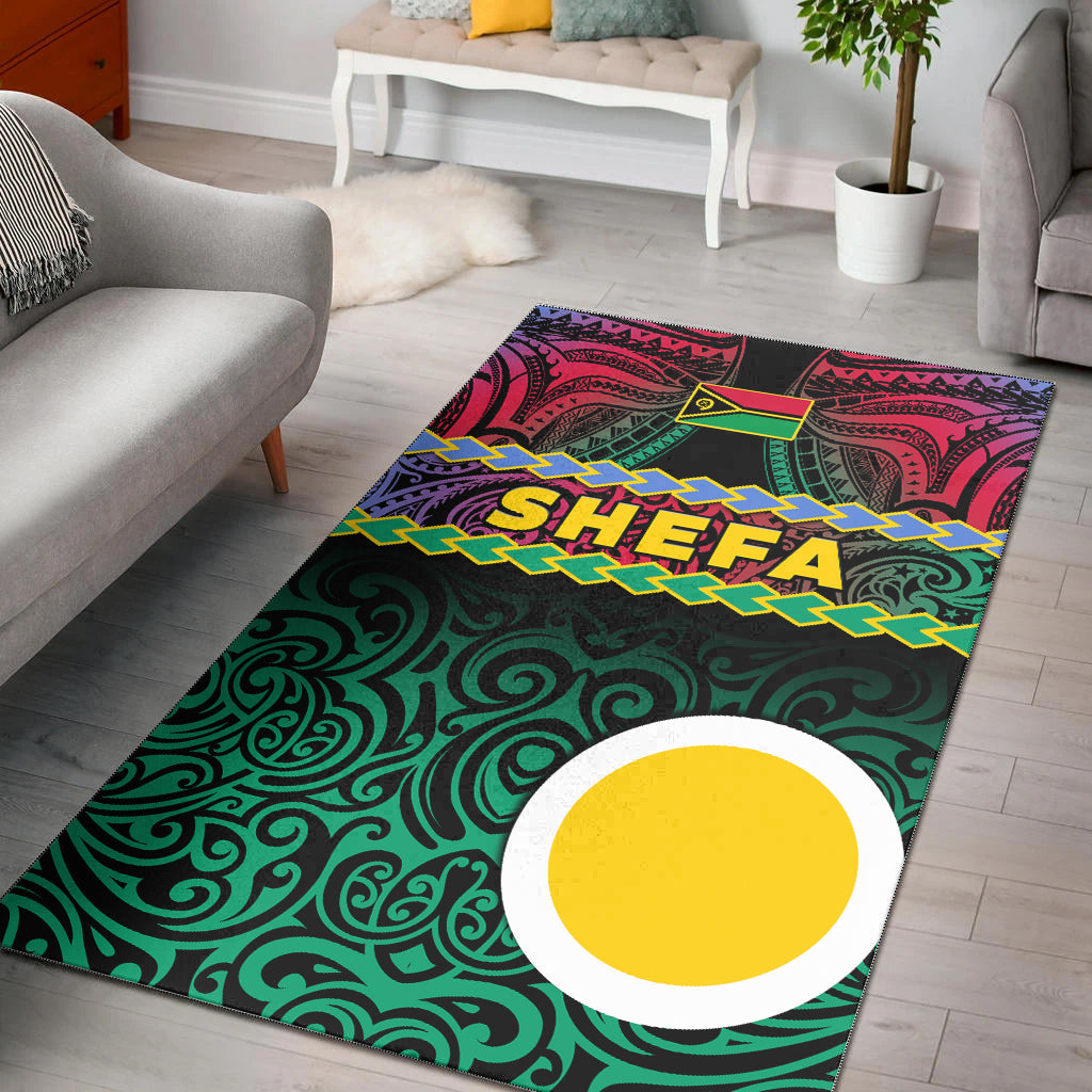 Shefa area rug with green swirls, purple-red border, and neon zigzag “SHEFA” text