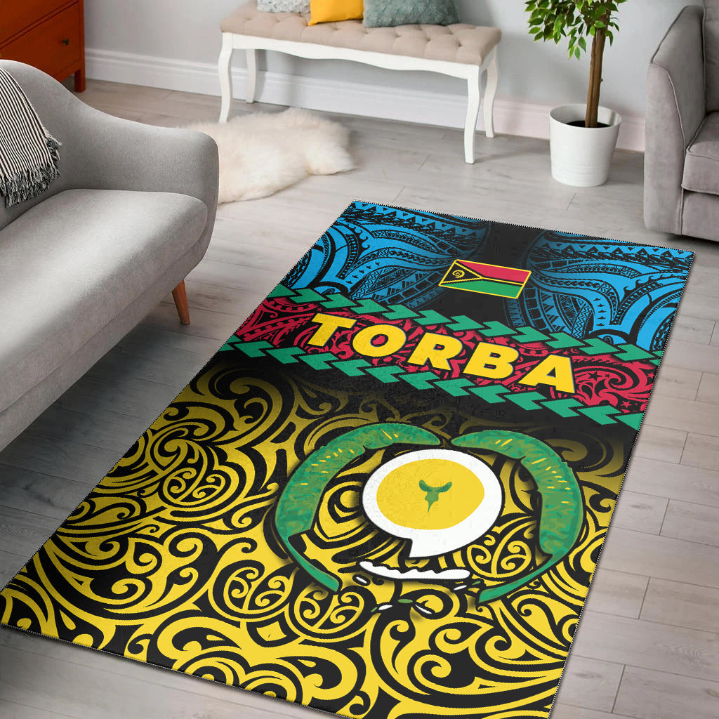 Colorful Torba area rug with blue tribal border, yellow eye motif, 'TORBA' text