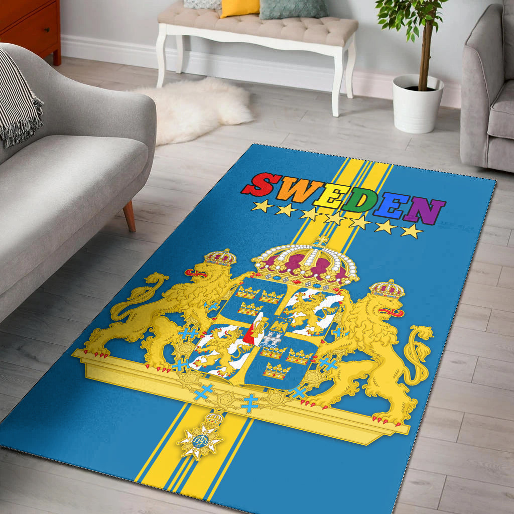 Blue Sweden area rug with bold SWEDEN lettering, stars, and royal crest map design