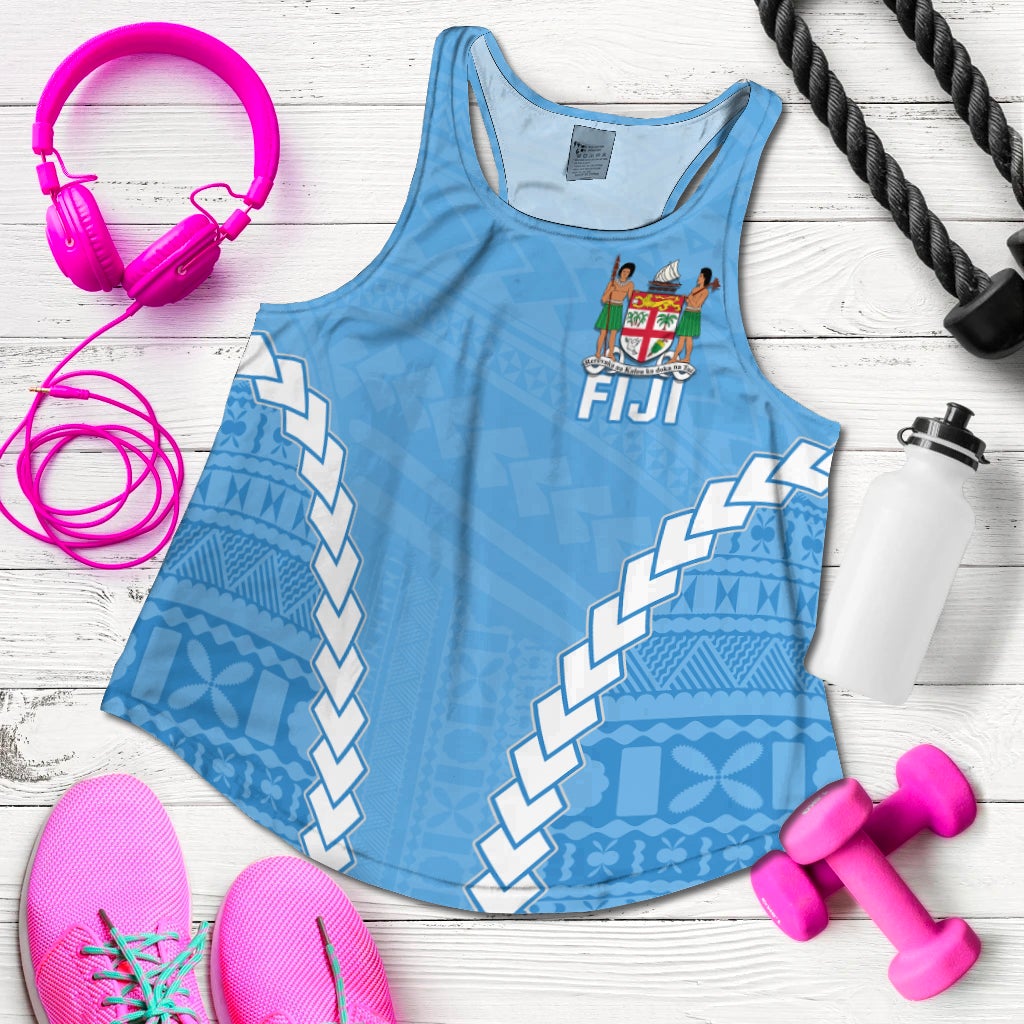 Light blue racerback tank top flat lay with Fiji logo and Polynesian diamond pattern