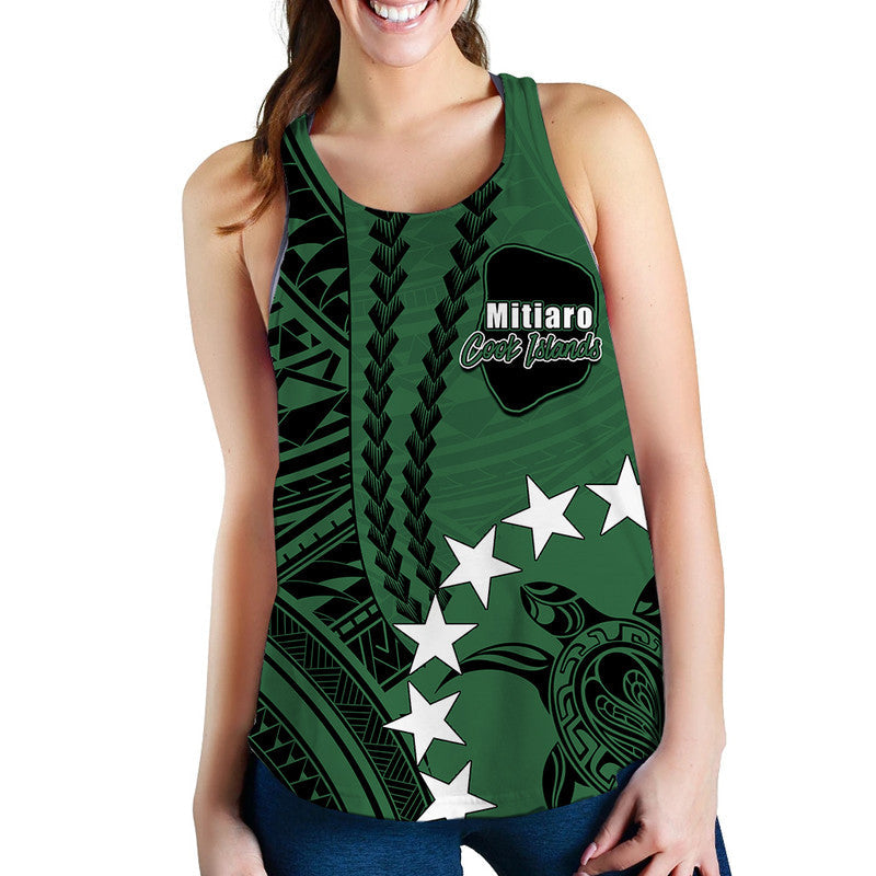 Green women’s tank top with scoop neck, Polynesian patterns, black accents, white stars
