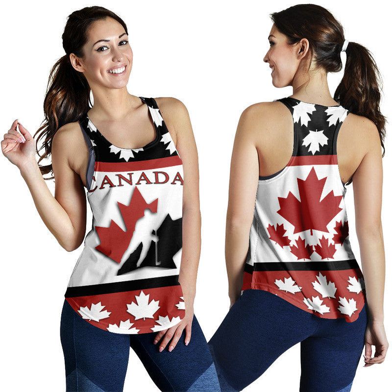 White racerback tank showing front and back—Canada text, maple leaf, red/black striping