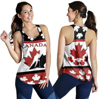White racerback tank showing front and back—Canada text, maple leaf, red/black striping