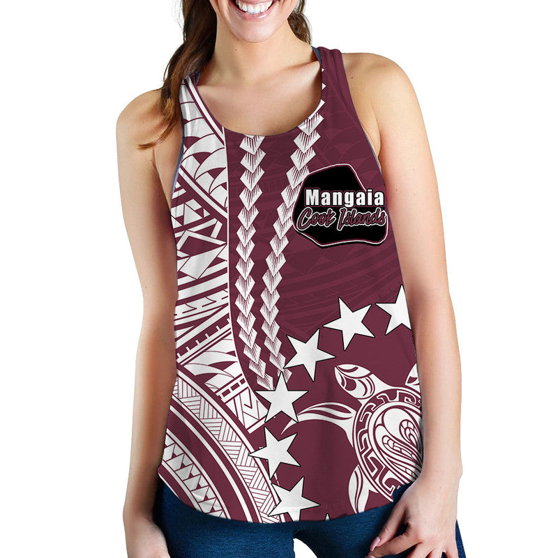 Maroon women’s tank top with Polynesian-style graphic and white star print, scoop neck