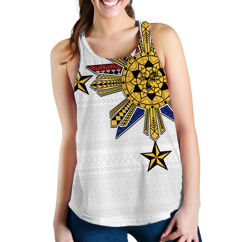 Women’s white tank top with scoop neck and bold tribal sun and star graphic