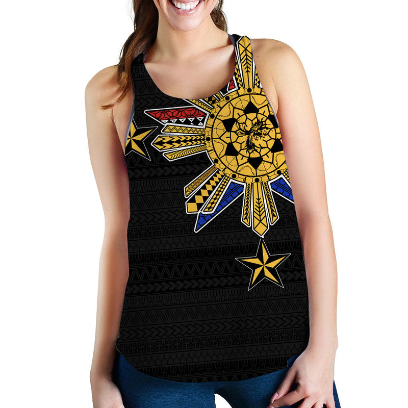 Black women’s tank top with tribal graphic, yellow sunburst and star accents