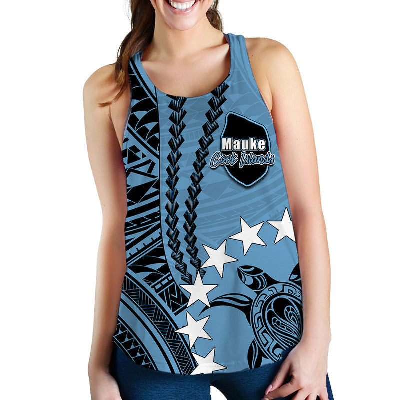 Blue Polynesian women’s tank top with scoop neck, sleeveless tribal print and stars