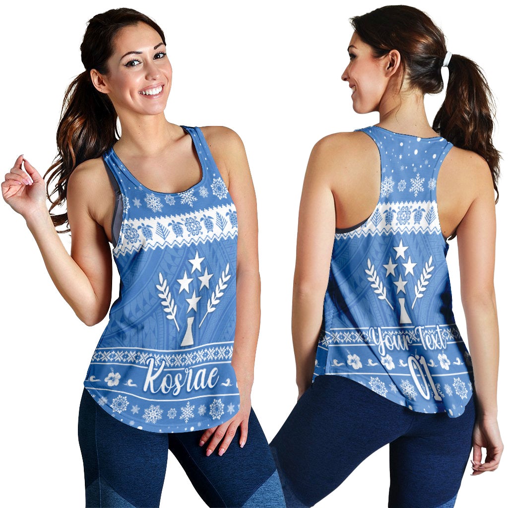 Blue racerback tank with winter snowflake tree graphic and 'Kosrae' text