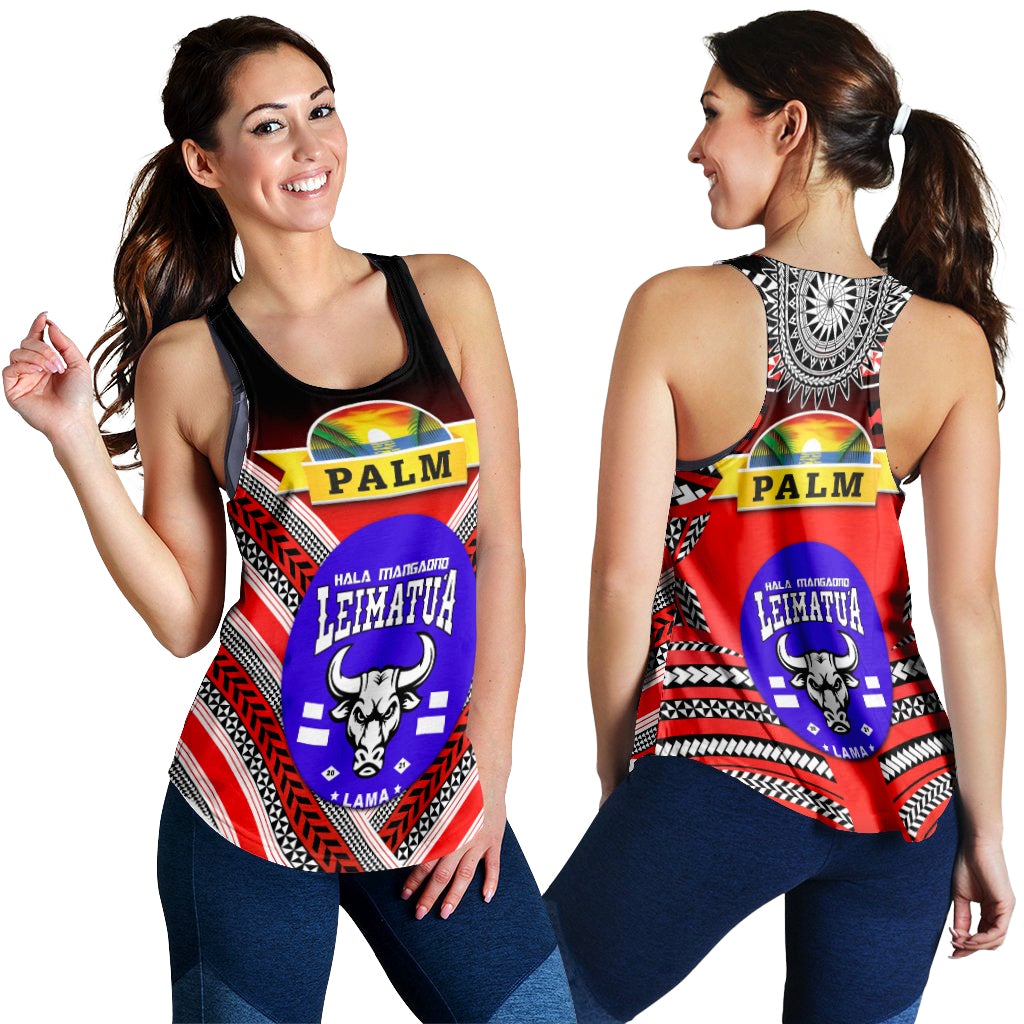 Red racerback tank with black trim, PALM badge and bull graphic