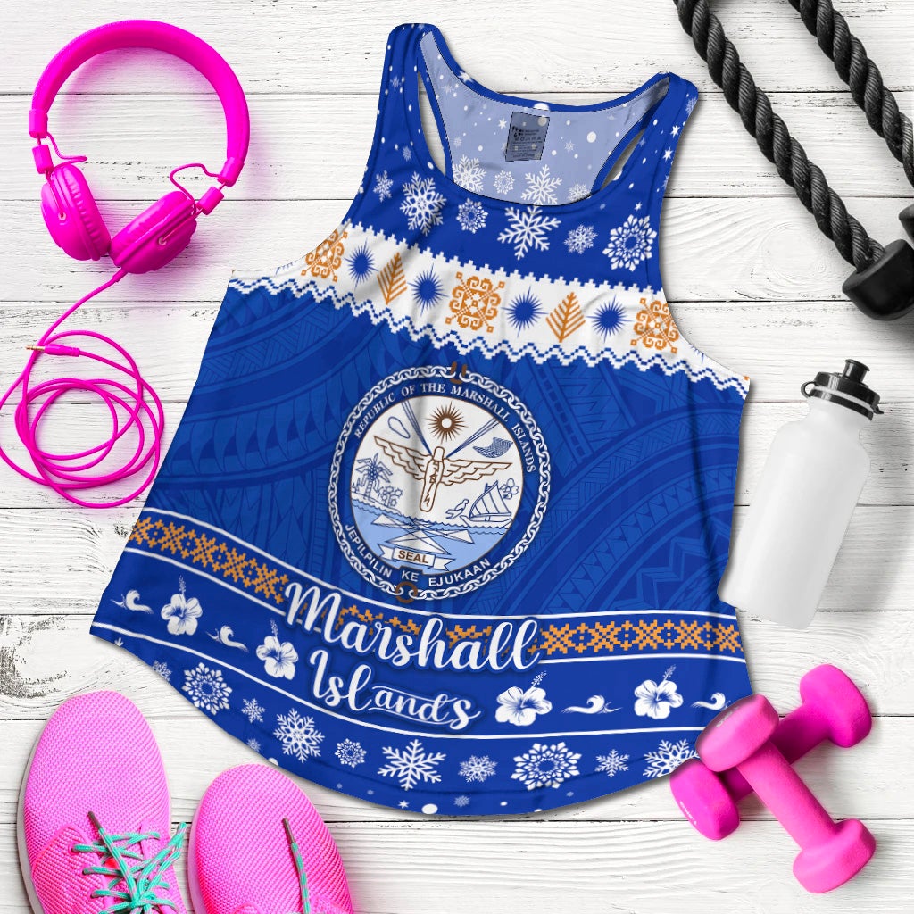 Blue racerback tank top with Marshall Islands Christmas pattern, snowflakes and flowers