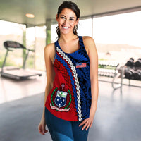 Red Samoa racerback tank top with blue and white pattern and crest graphic