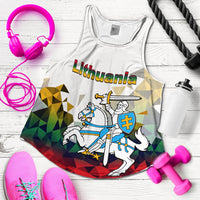 White women’s tank top with Lithuania text and colorful knight graphic