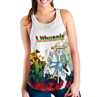 White women’s tank top, Lithuania text and knight-and-shield illustration