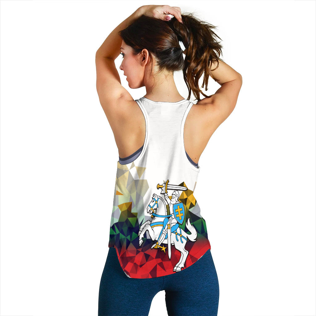 White women’s tank top back view with Lithuania knight graphic and shield