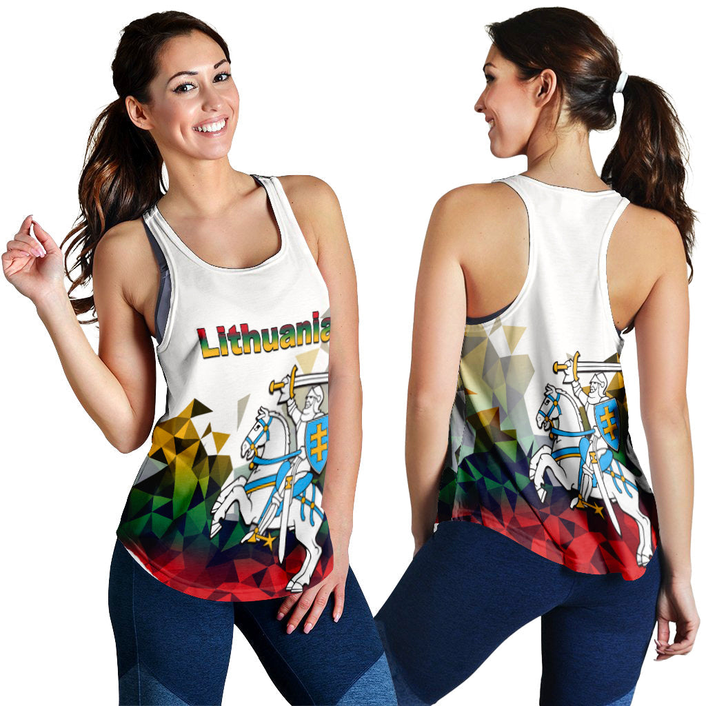 White women’s tank top front/back showing Lithuania text and knight illustration