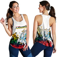 White women’s tank top front/back showing Lithuania text and knight illustration