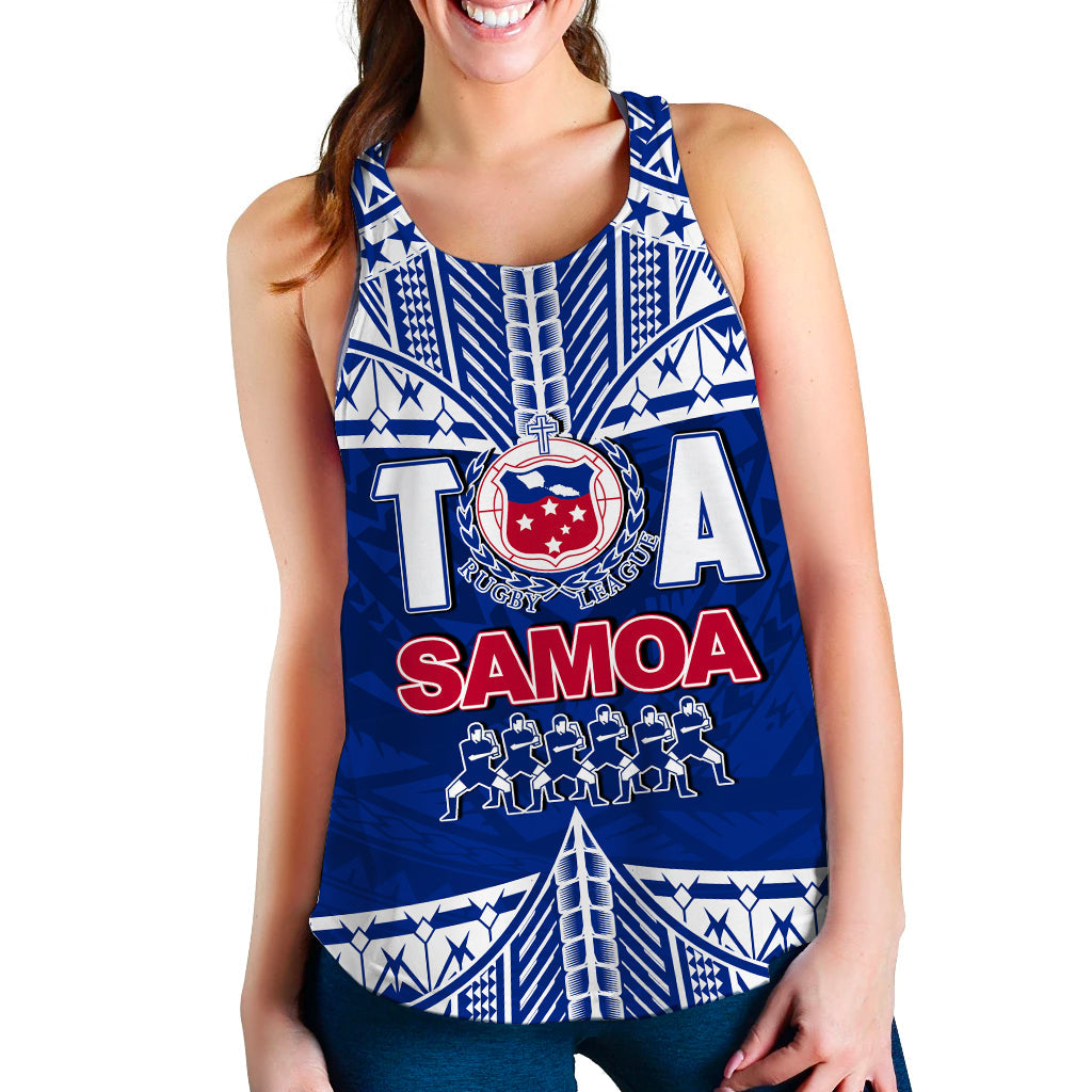 Blue women’s rugby tank top with white geometric print and Samoa badge graphic