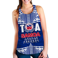 Blue women’s rugby tank top with white geometric print and Samoa badge graphic