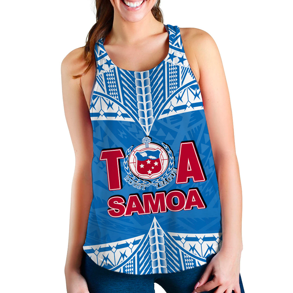 Women’s rugby tank top, bright blue with white geometric pattern and Samoa crest