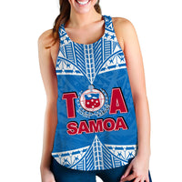 Women’s rugby tank top, bright blue with white geometric pattern and Samoa crest