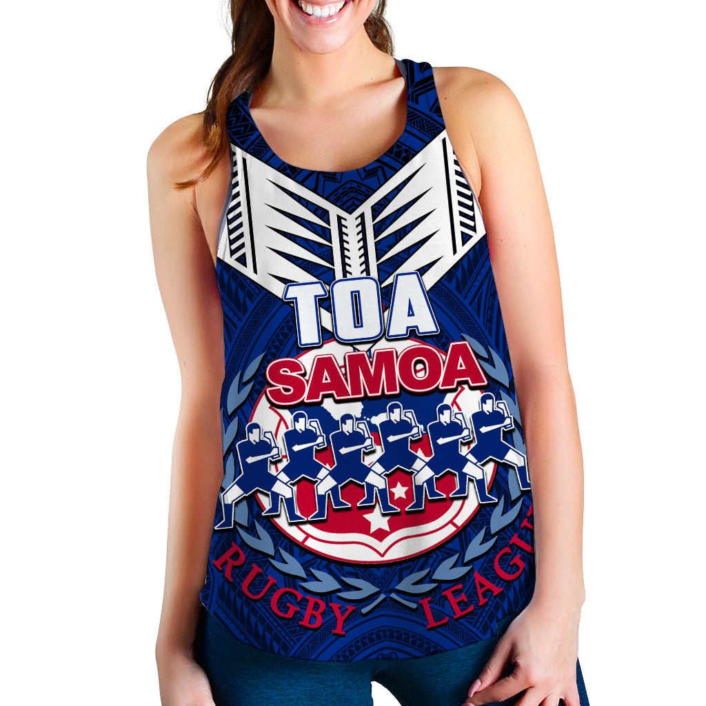 Blue rugby women’s tank top with sleeveless crew neck and large Toa Samoa front graphic