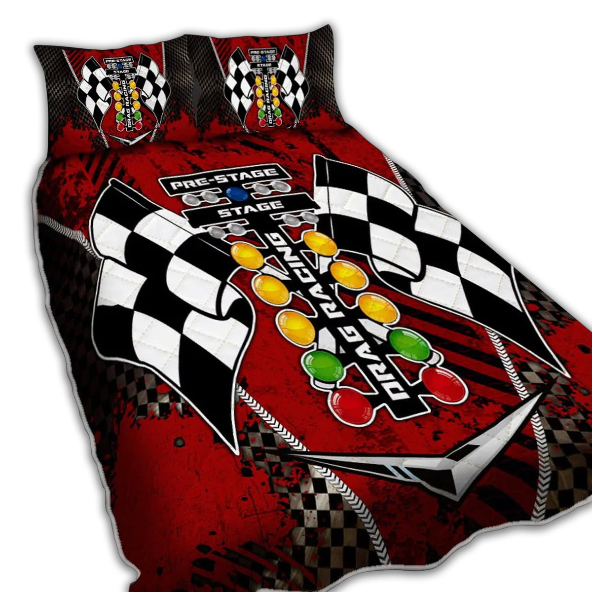 Red and black racing quilt bed set with checkered flags and colorful gear graphics