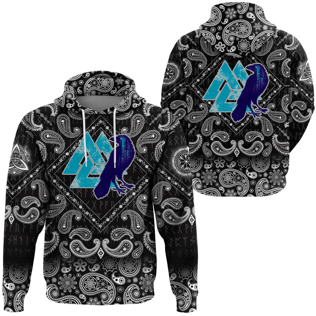 Viking Hoodie Raven Skull and Valknut Symbol with Bandana Paisley Style RLT12 - Wonder Print Shop