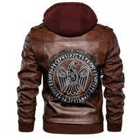Brown leather jacket, back raven and rune round emblem, hooded biker style