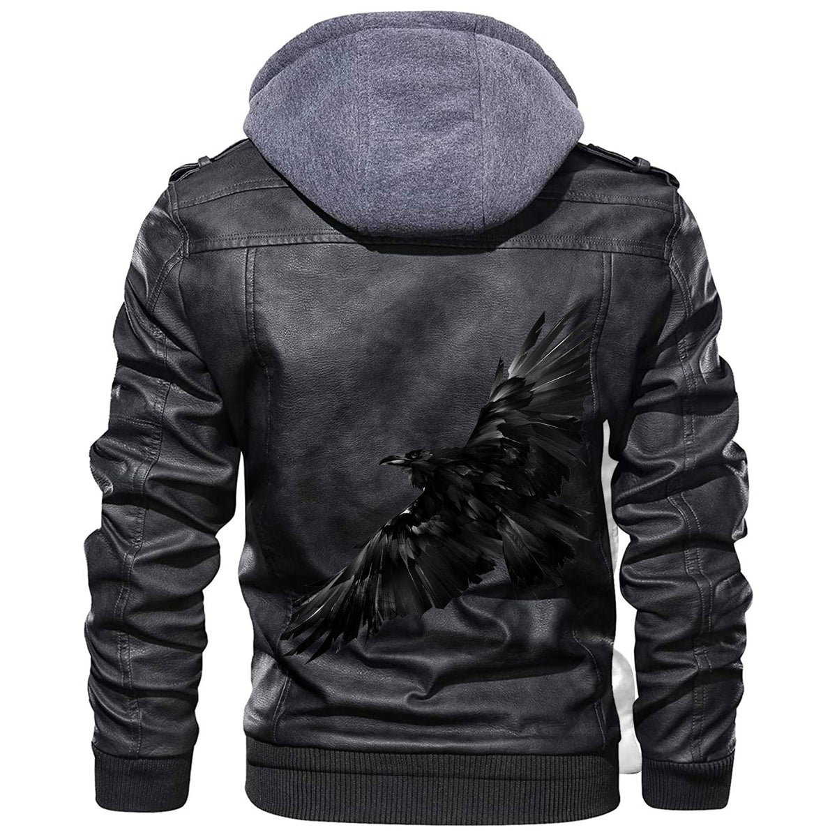 Black leather jacket with hood, ribbed hem, and black raven feather graphic on back