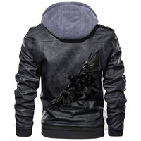 Black leather jacket with hood, ribbed hem, and black raven feather graphic on back