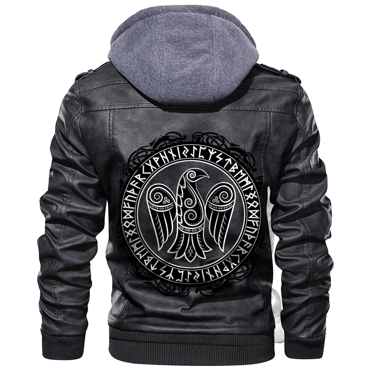 Black leather biker hoodie jacket, back raven and rune emblem with hood