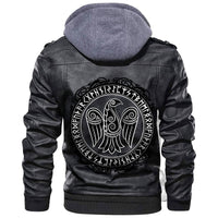 Black leather biker hoodie jacket, back raven and rune emblem with hood