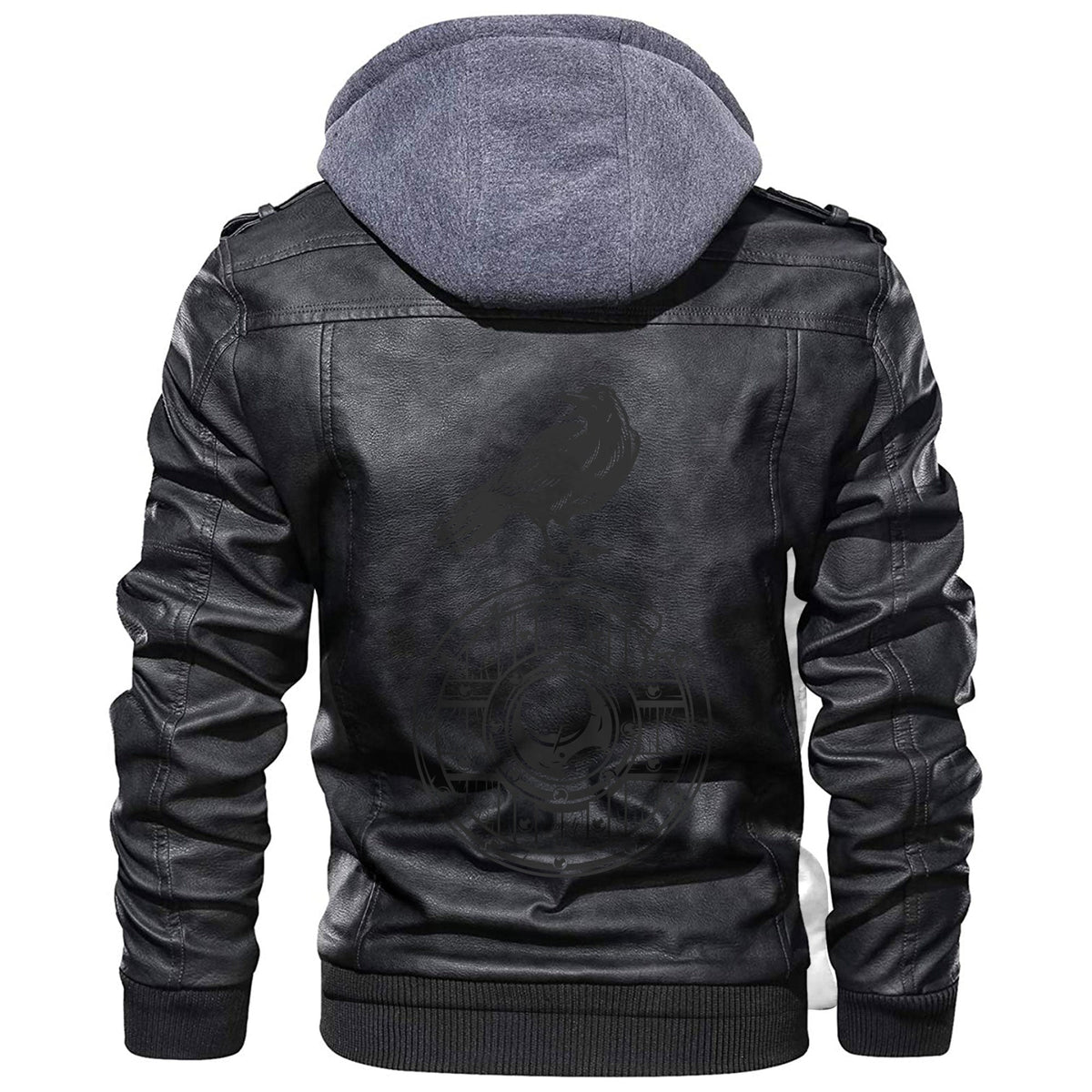 Black leather hooded jacket with shield-and-raven graphic on back; zip and ribbed cuffs