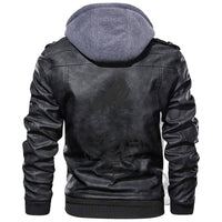 Black leather hooded jacket with shield-and-raven graphic on back; zip and ribbed cuffs