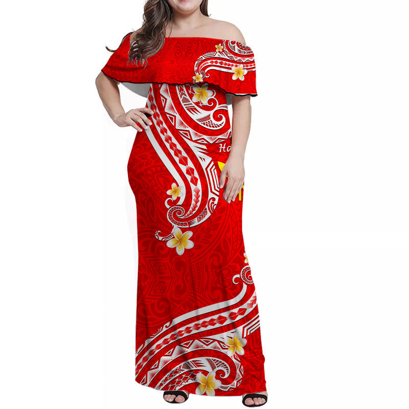 Red off-shoulder long dress with white Polynesian print and yellow flowers