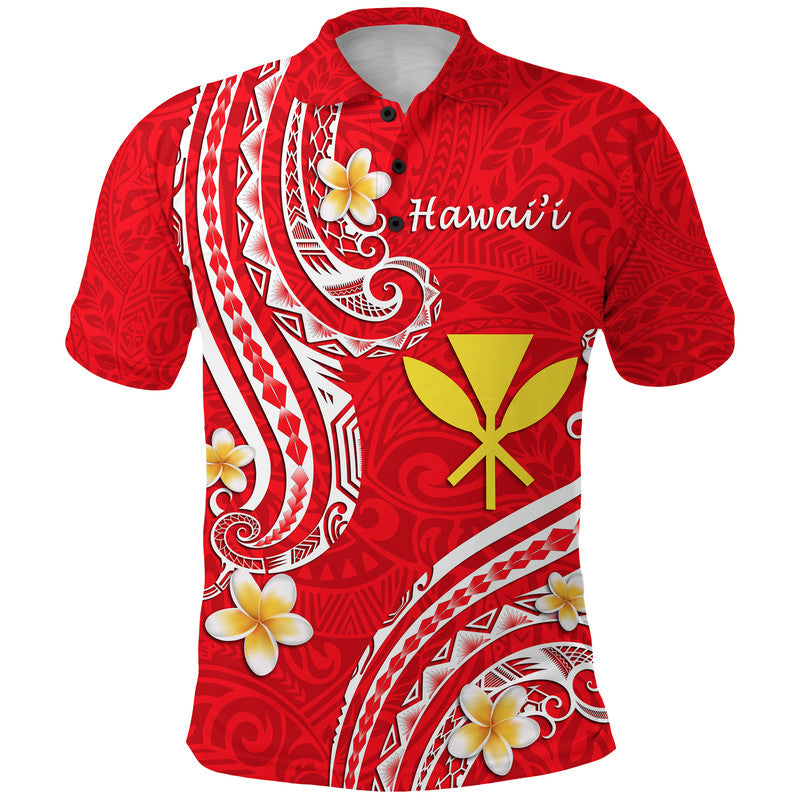 Red polo shirt with white Polynesian swirl pattern, yellow flower, pineapple graphic, button collar