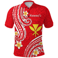 Red polo shirt with white Polynesian swirl pattern, yellow flower, pineapple graphic, button collar