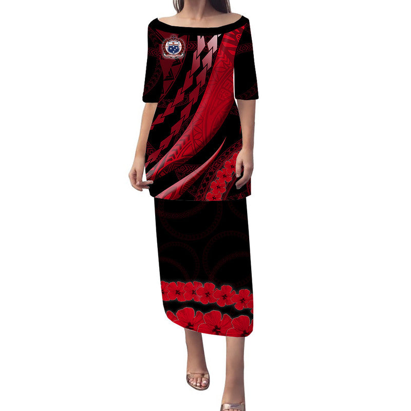 Long dress with red and black geometric and floral print, short sleeves, scoop neck